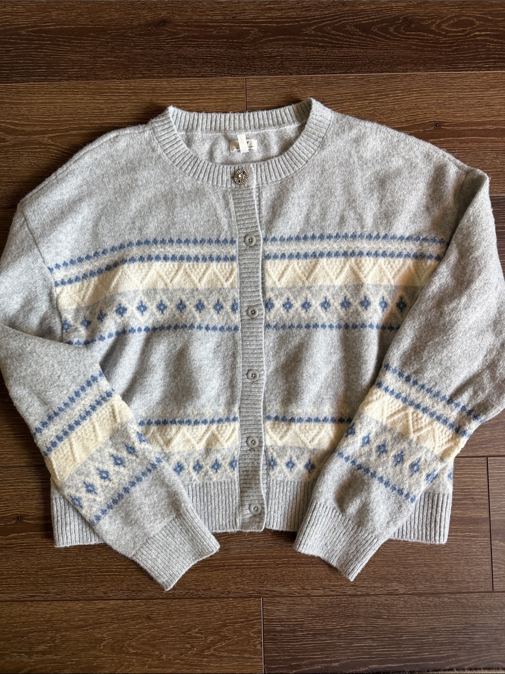 Women's Light Gray Fair Isle Button-Up Sweater Cardigan
